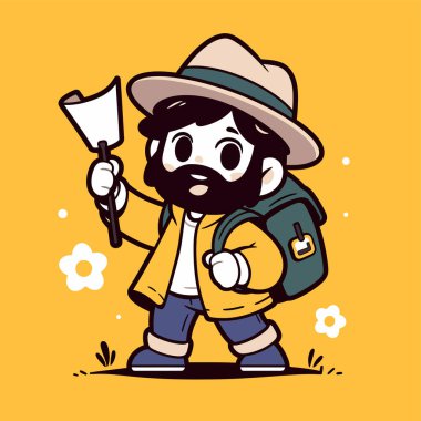 Sırt çantası ve kağıdıyla Çizgi Film Gezgini