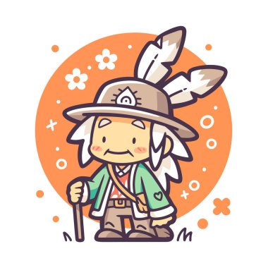 Şapkalı ve tüylü Chibi Çizgi Filmi Yaşlı Adam