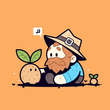 Tatlı Çizgi Film Tarzında Çiftçi ve Bitki