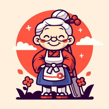 Kırmızı Çember Arkaplanlı Büyüleyici Karikatür Büyükannesi