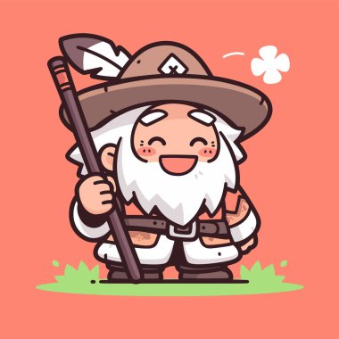 Asası ve şapkası olan neşeli bir çizgi film sihirbazı.