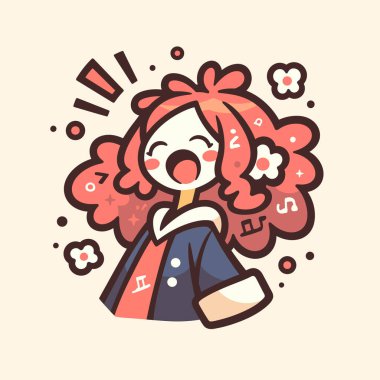 Müzik Notaları ve Çiçekleri Olan Neşeli Anime Kız Çizgi Filmi Karakteri