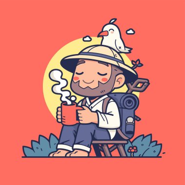 Sakallı ve bıyıklı sevimli, komik, komik bir adamın vektör karikatür çizimi. Parkta elinde kahve ve hasır bir şapkayla bir sandalyede oturuyor.
