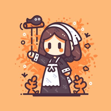 Elinde kuş ve süpürge olan sevimli çizgi film kızı.