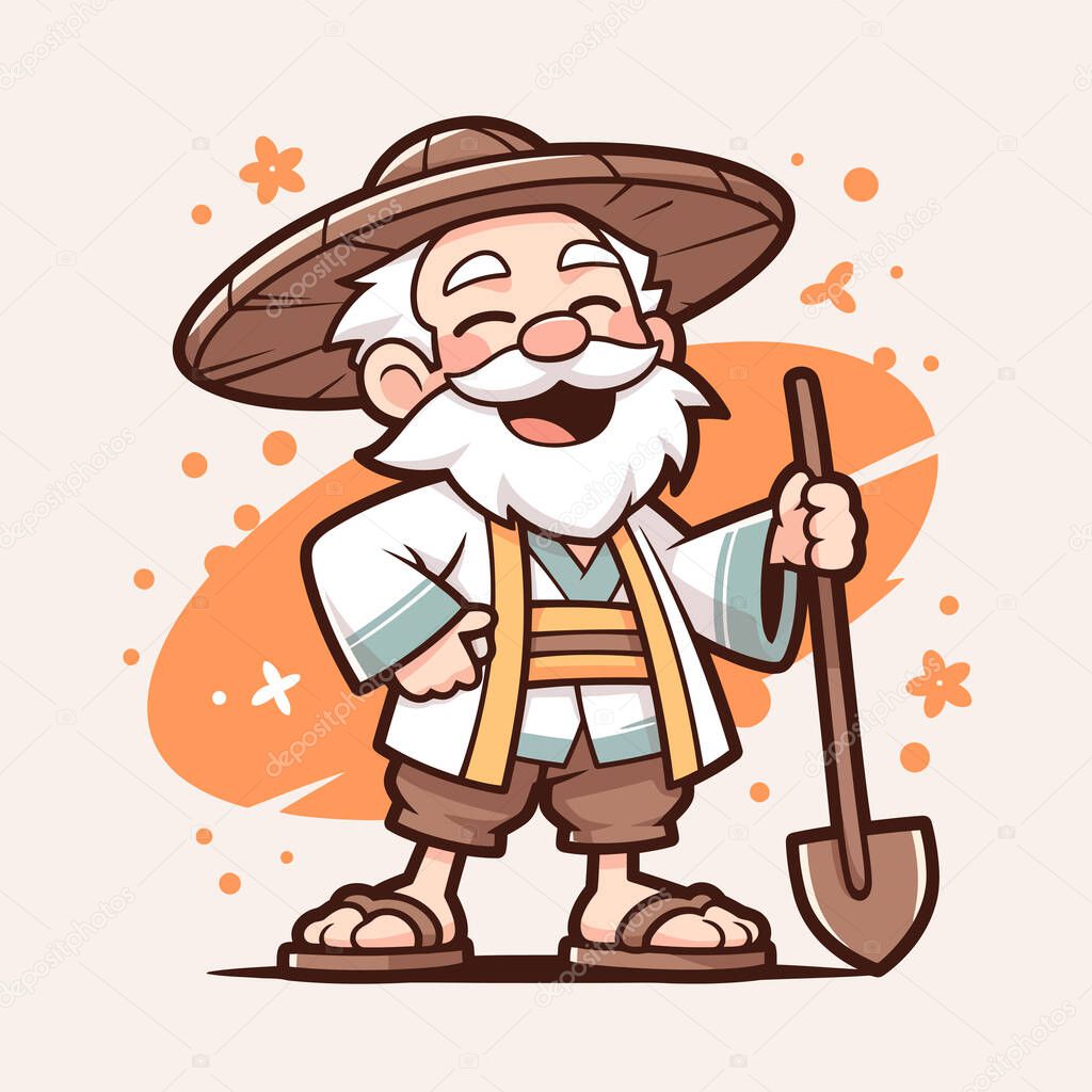 Cheerful Old Farmer with a Shovel and Straw Hat