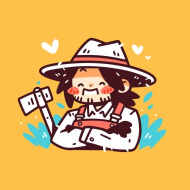 Balta ve Şapkalı Mutlu Çiftçi Çizgi Filmi