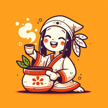 Geleneksel Japon kıyafetleriyle çay seremonisinin keyfini çıkaran tatlı kız.