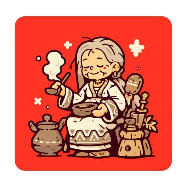 Çay seremonisi sırasında yaşlı kadın bir karikatürist.