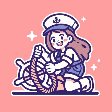 Çizgi film tarzında ip ve çapa tutan tatlı denizci kız. vektör illüstrasyonu