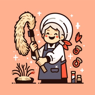 Elinde toz bezi olan mutlu bir temizlikçi.