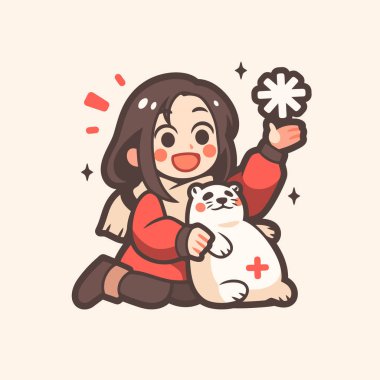 Kutup Ayısı ve Kış Sahnesinde Kar Tanesi Olan Kız