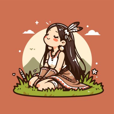 Chibi Amerikan yerlisi kız doğada meditasyon yapıyor..