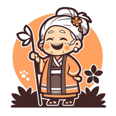 Kadro ve Çiçeklerle Büyüleyici Karikatür Yaşlı Kadın