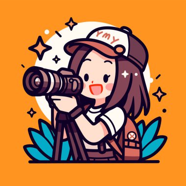 Kamerasıyla fotoğraf çeken sevimli bir fotoğrafçı kız.