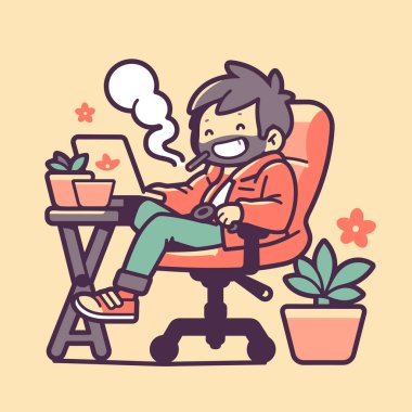 Rahatlamış Serbest Çalışan Evden Çalışırken Sigara Molasının Tadını Çıkarıyor