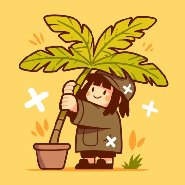 Neşeli bir çocuk tencereye palmiye dikiyor, doğayla iç içe.