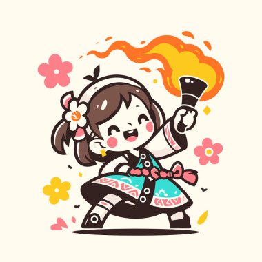 Sevimli Anime Kız Meşaleyle Dans, Neşeyle Kutlama