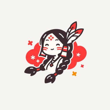 Chibi Amerikan Yerlisi Örgü ve Tüyle Gülümseyen Kız