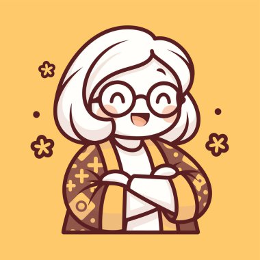 Gülen Çizgi Film Yaşlısı Gözlüklü Kadın