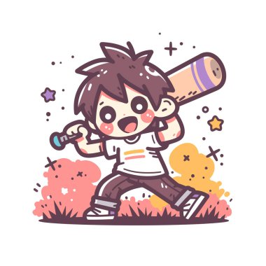 Beyzbol oynayan mutlu çizgi film çocuğu.