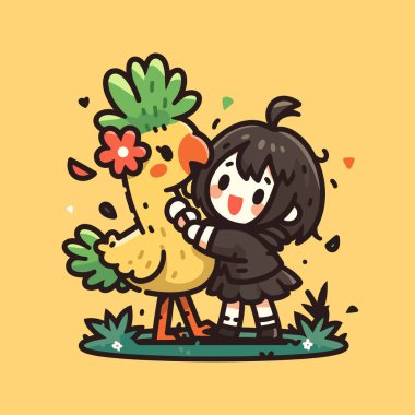 Tatlı bir karikatür papağanını kucaklayan kız.