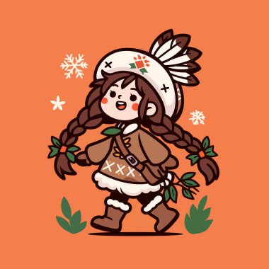 Saç örgülü, kışın giydiği şirin çizgi film kızı.