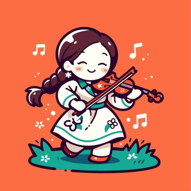 Müzikal Notalarla Keman Çalan Tatlı Çizgi Filmci Kız
