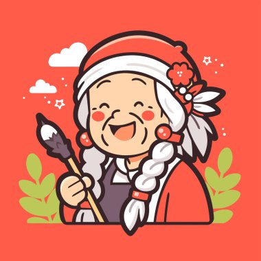 Gülümseyen Yaşlı Kadın Sanatçı Neşeli Çizgi Film Tarzı Fırça Tutuyor