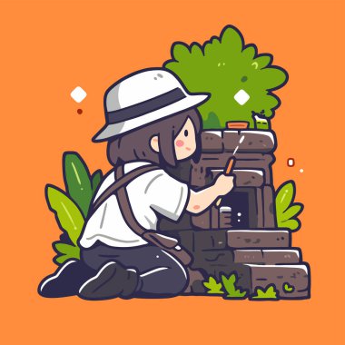 Eski kalıntıları aletlerle araştıran sevimli bir arkeolog.