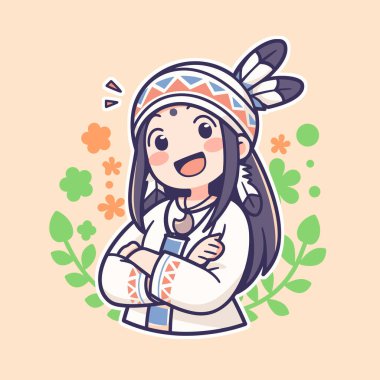 Kabile saç bandı ve neşeli gülüşü olan Chibi yerlisi Amerikan kızı.