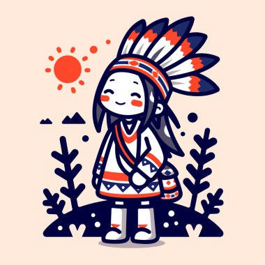 Başı ve gülen yüzlü Amerikan Yerlisi Çocuk Chibi