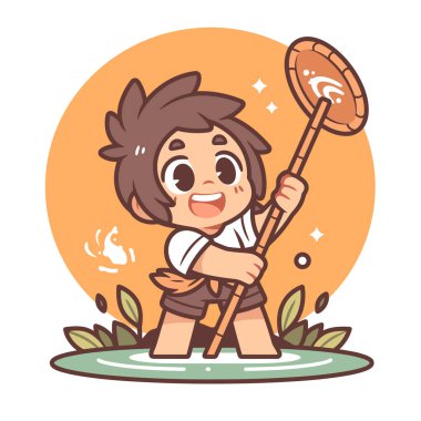 Havuzda ağla balık tutan mutlu çocuk..