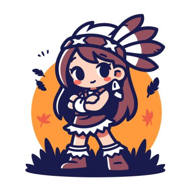 Chibi Sonbahar Ayarı 'nda Headresli Amerikan Yerlisi Kız