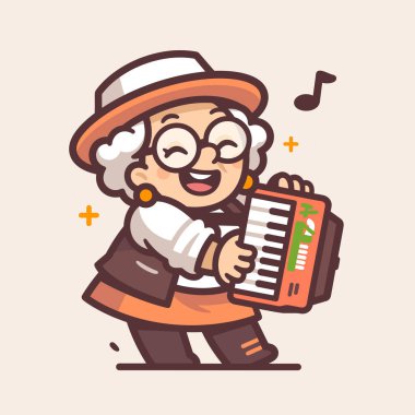 Mutlu Yaşlı Kadın Akordiyon Çizgi Filmi İllüstrasyonunu Oynuyor