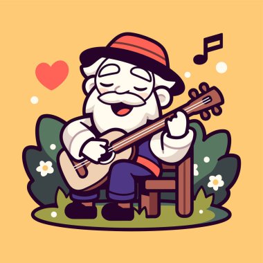 Neşeli Yaşlı Müzisyen Bahçede Gitar Çalıyor