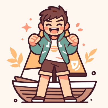 Mutlu çocuk bir teknede yelken açıyor