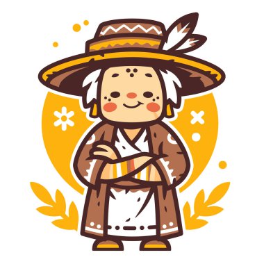 Halk kostümlü çekici yaşlı kadın, elle çizilmiş düz stil.