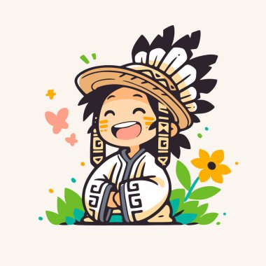 Başı ve çiçekleri olan Mutlu Chibi Yerlisi Amerikan Çocuğu