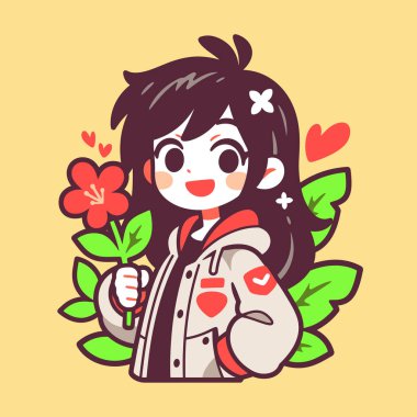 Kalpli ve yeşil yapraklı kırmızı bir çiçek tutan tatlı bir anime kızı.