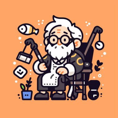 Tekerlekli sandalyedeki balık ve enstrümanlı çizgi film bilimcisi