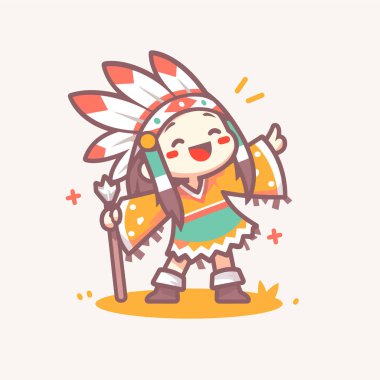 Amerikan yerlisi şirin bir çizgi film. Başı ve personeli ile gülümsüyor.