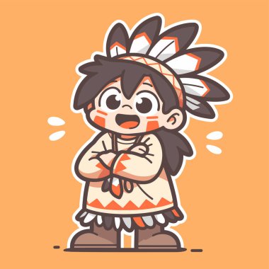 Başı ve kabile kıyafetli Amerikan Yerlisi Çizgi Filmci Çocuk