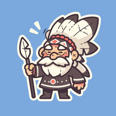 Tüylü ve mızraklı Amerikan Yerli Şefi Çizgi Filmi