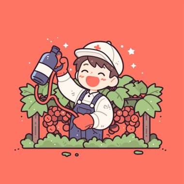 Mutlu Şarap Üreticisi Üzüm bağında bir şişe şarap tutuyor