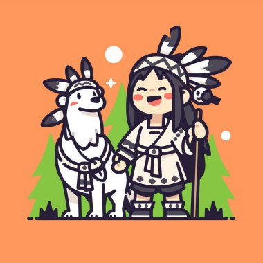 Amerikan yerlisi kız ve köpek arkadaşları bir çizgi film sahnesinde