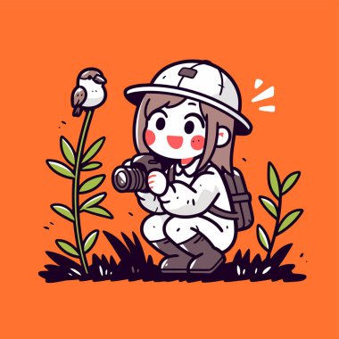 Kuş gözlemcisi kız bir kuşun fotoğrafını çekiyor.