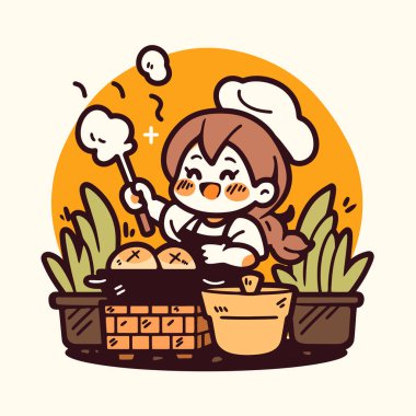 Fırında ekmeği olan sevimli bir çizgi film fırıncısı.