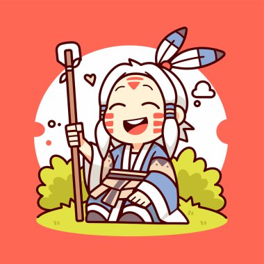 Gülümseyen İfadesi olan Chibi Amerikan Yerlisi Karakteri