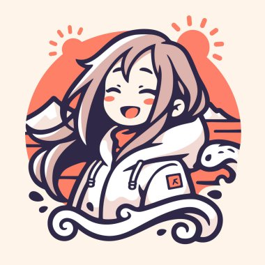 Anime kız kışın dağlar ve güneşle