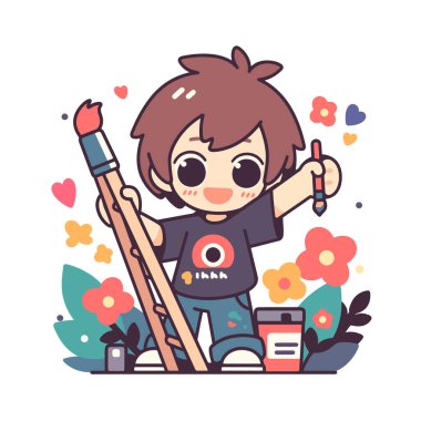 Neşeli Genç Sanatçı Boya Fırçaları Tutuyor